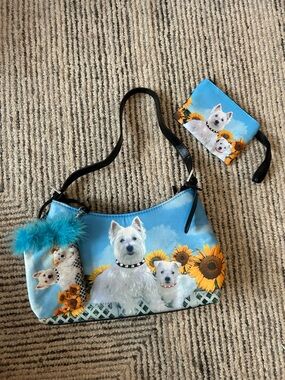 Blue Sunflower Dog Print Shoulder Bag with Coin Purse Y2K
